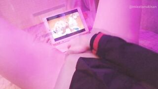 Kawaii girl masturbates after class watching lesbian hentai until squirts and pisses herself - 10 image