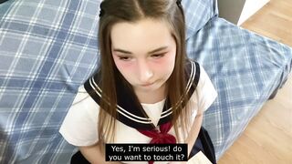 Cutie in Japanese school uniform touches your cock and gets embarrassed - 2 image