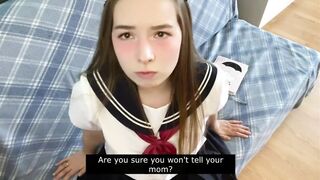Cutie in Japanese school uniform touches your cock and gets embarrassed - 3 image