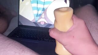 "treat me with cum" uncensored hentai and the guy jerks off on him, cumming profusely - 4 image