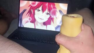 "treat me with cum" uncensored hentai and the guy jerks off on him, cumming profusely - 5 image