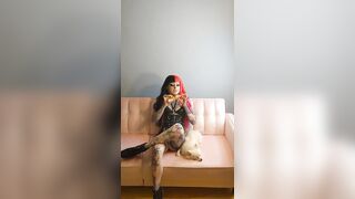 Fetish Dolly Pink Hair Goth Girl Eats Ice Cream Candy Raver Tattooed Mistress BDSM Queen Model - 5 image
