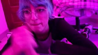 young nerdy girlfriend gives me a blowjob and I cum in her mouth while we watch hentai - 10 image