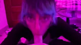 young nerdy girlfriend gives me a blowjob and I cum in her mouth while we watch hentai - 9 image