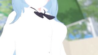Blue hair anime girl in school uniform show her butt. - 2 image