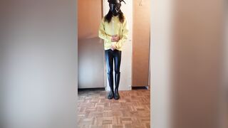 Transgirl jerks off in raincoat - 10 image