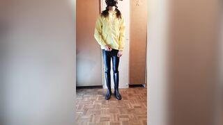 Transgirl jerks off in raincoat - 2 image