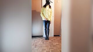 Transgirl jerks off in raincoat - 6 image
