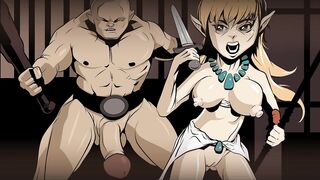 Naked dungeos & dragons fantasy elf girl running from big dicked cave troll in hentai cartoon style. - 9 image