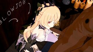 Genshin Impact Fischl BlowJob Hentai Blonde Girl Half Naked MMD 3D Dark Brown Clothes CE SMIXIX - 2 image