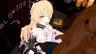 Genshin Impact Fischl BlowJob Hentai Blonde Girl Half Naked MMD 3D Dark Brown Clothes CE SMIXIX - 3 image