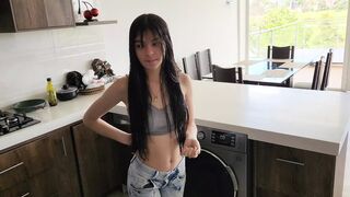 His stepsister needs help with the washing machine, he helps her undress and fucks her Tight jeans - 1 image