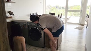 His stepsister needs help with the washing machine, he helps her undress and fucks her Tight jeans - 3 image