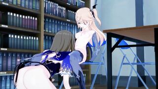 Lisa fucking Fischl in library with strapon. Lesbian Hentai. - 2 image