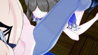 Lisa fucking Fischl in library with strapon. Lesbian Hentai. - 4 image