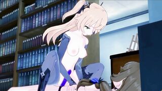 Lisa fucking Fischl in library with strapon. Lesbian Hentai.