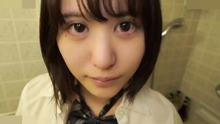 Very cute 18 year old dark haired Japanese babe in uniform blow job and cum in her mouth. She also has big boobs and is - 1 image