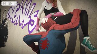 Spiderman hung fan girl on the roof of the building and licked her pussy POV