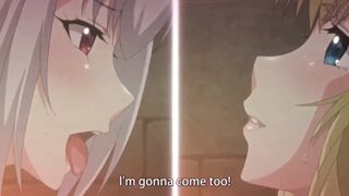 Submissive Blonde Busty Milf Threesome Sex with Ebony Dark Elf - SQUIRTING ORGASM and Cumshot on Tits - 2d animated Hentai - 5 image