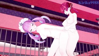 Minato Aqua and Houshou Marine and Nekomata Okayu intense futanari sex. - Hololive VTuber Hentai - 3 image