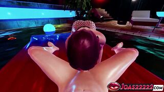 Kallen, the Redhead, gives a sloppy fishnet handjob while sitting in the pool and gives a footjob in fishnet panties