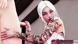 Emma in stockings gives a steamy, 3D handjob and deepthroats a huge cock