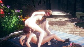 Public hentai anal sex party with two big-titted Japanese babes and a lucky boy