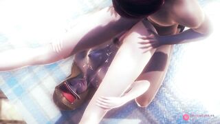 Public hentai anal sex party with two big-titted Japanese babes and a lucky boy