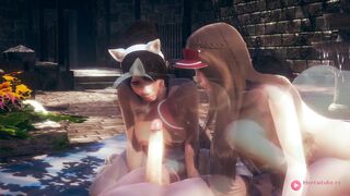 Public hentai anal sex party with two big-titted Japanese babes and a lucky boy