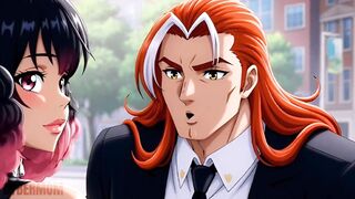 Sexy hentai babe with big tits fucks rich guy in car while infatuated guy watches in awe