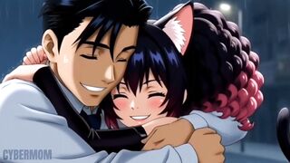 Sexy hentai babe with big tits fucks rich guy in car while infatuated guy watches in awe