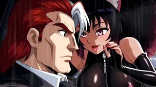 Sexy hentai babe with big tits fucks rich guy in car while infatuated guy watches in awe