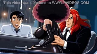 Sexy hentai babe with big tits fucks rich guy in car while infatuated guy watches in awe