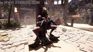 Lara's holes filled with throbbing cock in a wild hentai game with a creampie twist