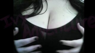 Nerdy wife with massive tits enjoys Hentai while playing with her massive tits