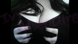 Nerdy wife with massive tits enjoys Hentai while playing with her massive tits