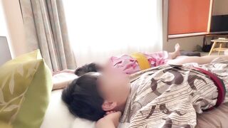 Japanese amateur couple's homemade sexcapade: skinny body, cream, and milk in a Yukata right before check-out on Shodoshima