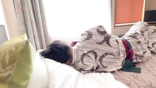 Japanese amateur couple's homemade sexcapade: skinny body, cream, and milk in a Yukata right before check-out on Shodoshima
