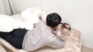 Watch this young Japanese couple dressed as maidens get intimate on New Year's Eve, ending with a passionate cowgirl and creampie - 1 image