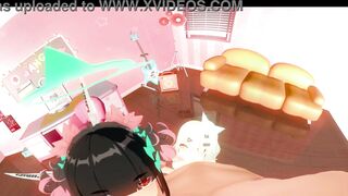 Three hot babes take turns on a massive dick in a steamy threesome in 3D