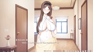 Kasumi, the busty anime babe, gets soaking wet in the bath and gives a slippery handjob and deep throat action