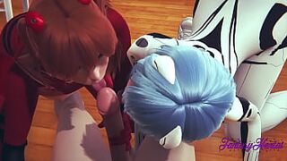 Evangelion Hentai 3D - Threesome Shinji, Asuka and Rei in Shinji's Room they suck Shinji's dick until he cums in her mouth then he eats their pussy and fucks them - 1 image