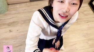 Asian teen with Japanese schoolgirl uniform being fucked from behind while watching cartoon - 10 image