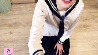 Asian teen with Japanese schoolgirl uniform being fucked from behind while watching cartoon - 7 image