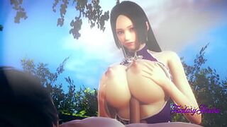 One Piece Hentai 3D - Boa Hancock rubbing tits, boobjob and cowgirl in the garden - 1 image