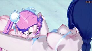 Saeko Busujima and Saya Takagi take turns eating pussy at the beach - Apocalyptic Academy Hentai. - 2 image