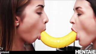 Cucumber and Banana in creamy pussy of two girls - 4 image